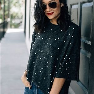 Zara Pearl Embellished Lightweight 3/4 Sleeve Sweater